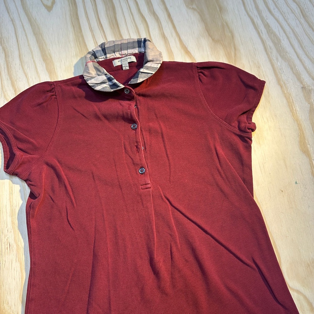 Burberry London Womens Burgundy Nova Check Collar Polo Shirt Size L